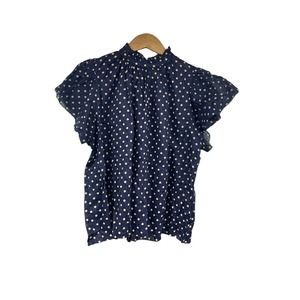 Trovata Birds Of Paradise Top Polka Dot Blouse Ruffle Sleeve Blue Womens Medium